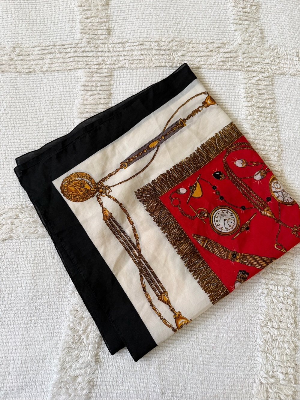 Source Unknown Red, Black, White & Gold Chain Motif Scarf